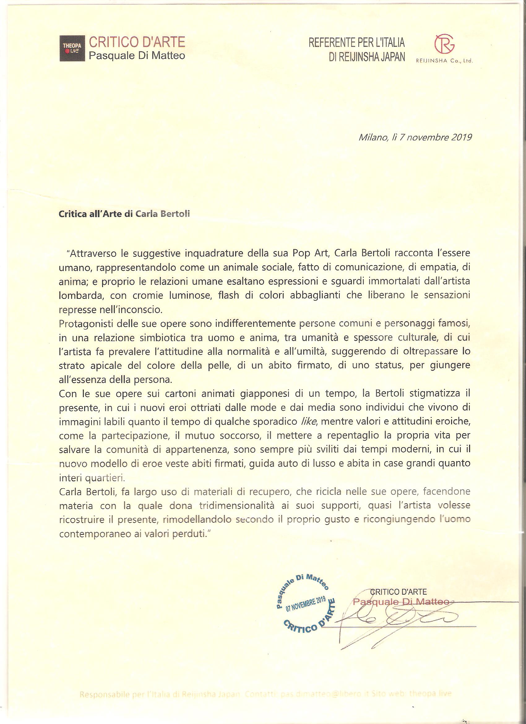 Critica all'Arte di Carla Bertoli - Pasquale Di Matteo - Milano - Anno 2019
